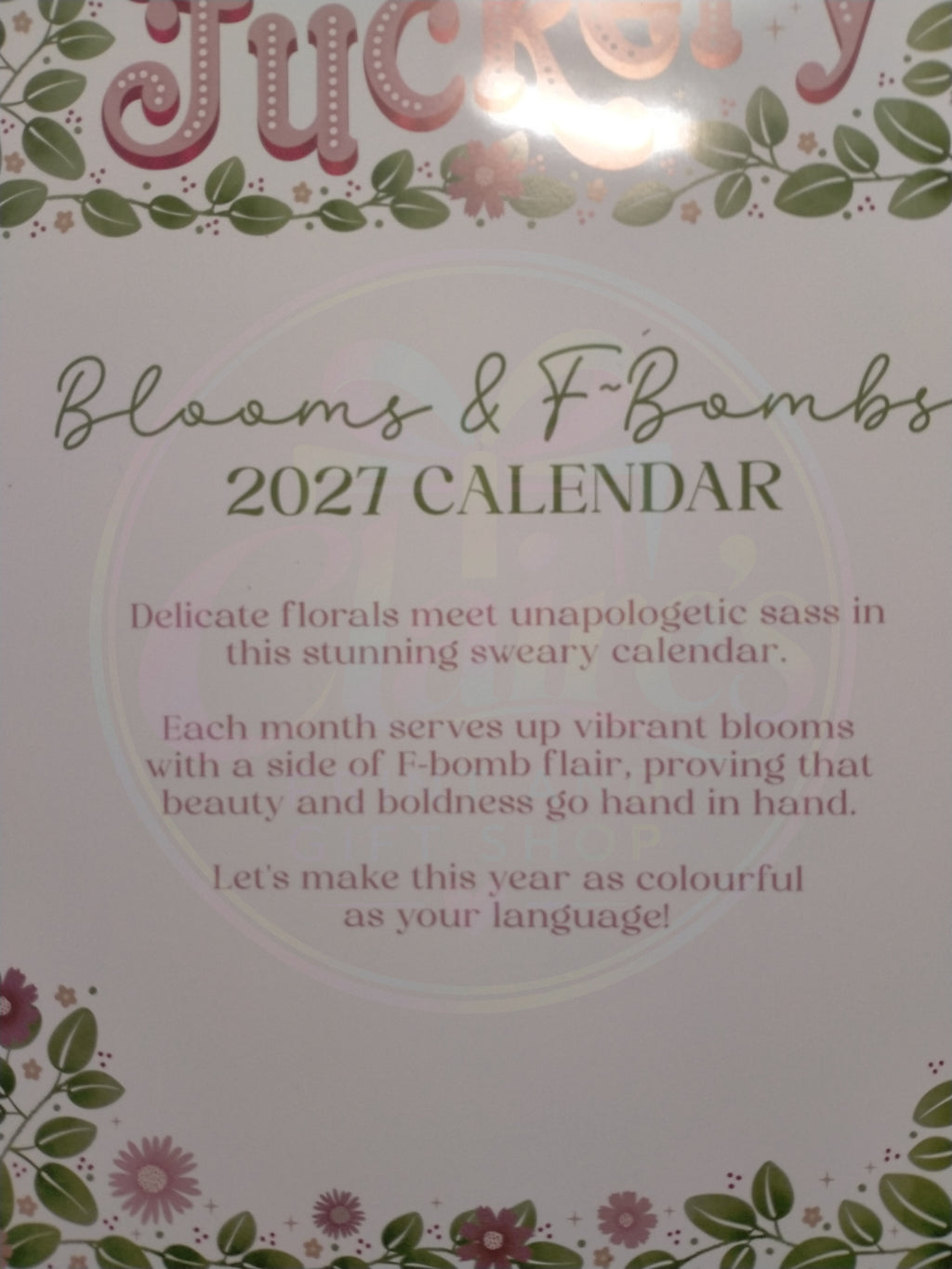Close-up of Blooms & F-Bombs wording on the calendar cover