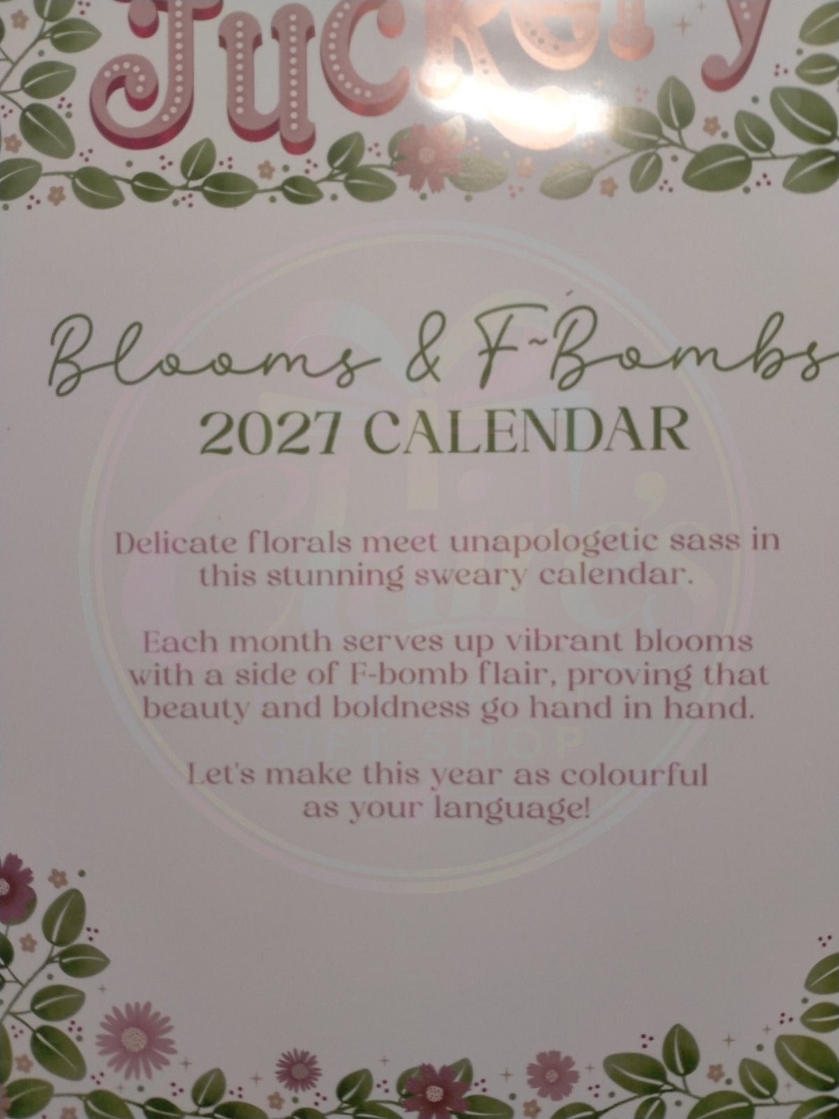 Close-up of Blooms & F-Bombs wording on the calendar cover
