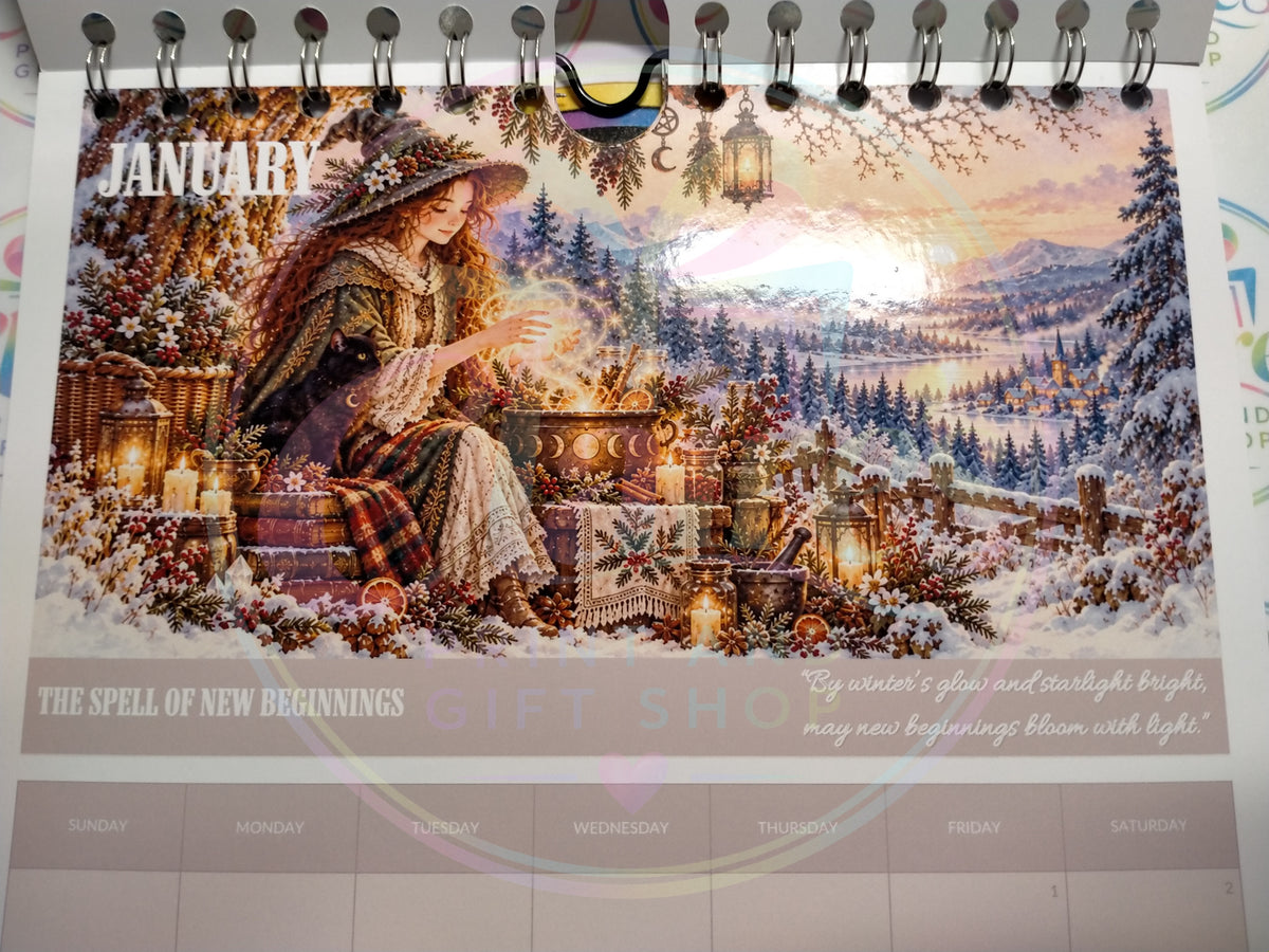 Mystical Witch calendar front cover with a witch, black cat and woodland scenery