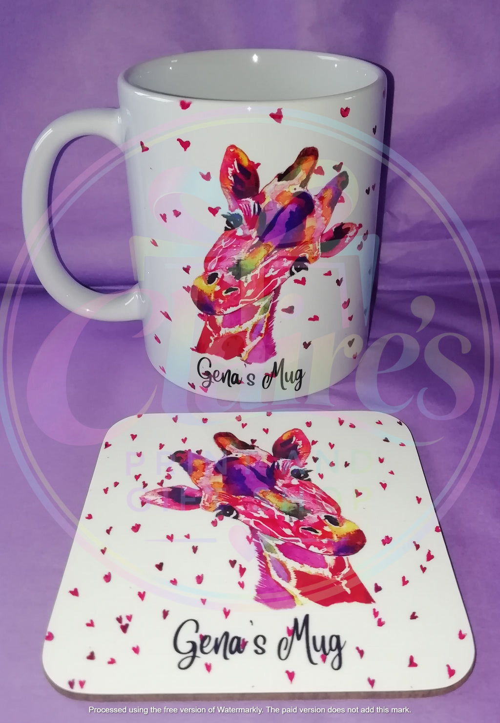 Pink Watercolour Giraffe Mug & Coaster