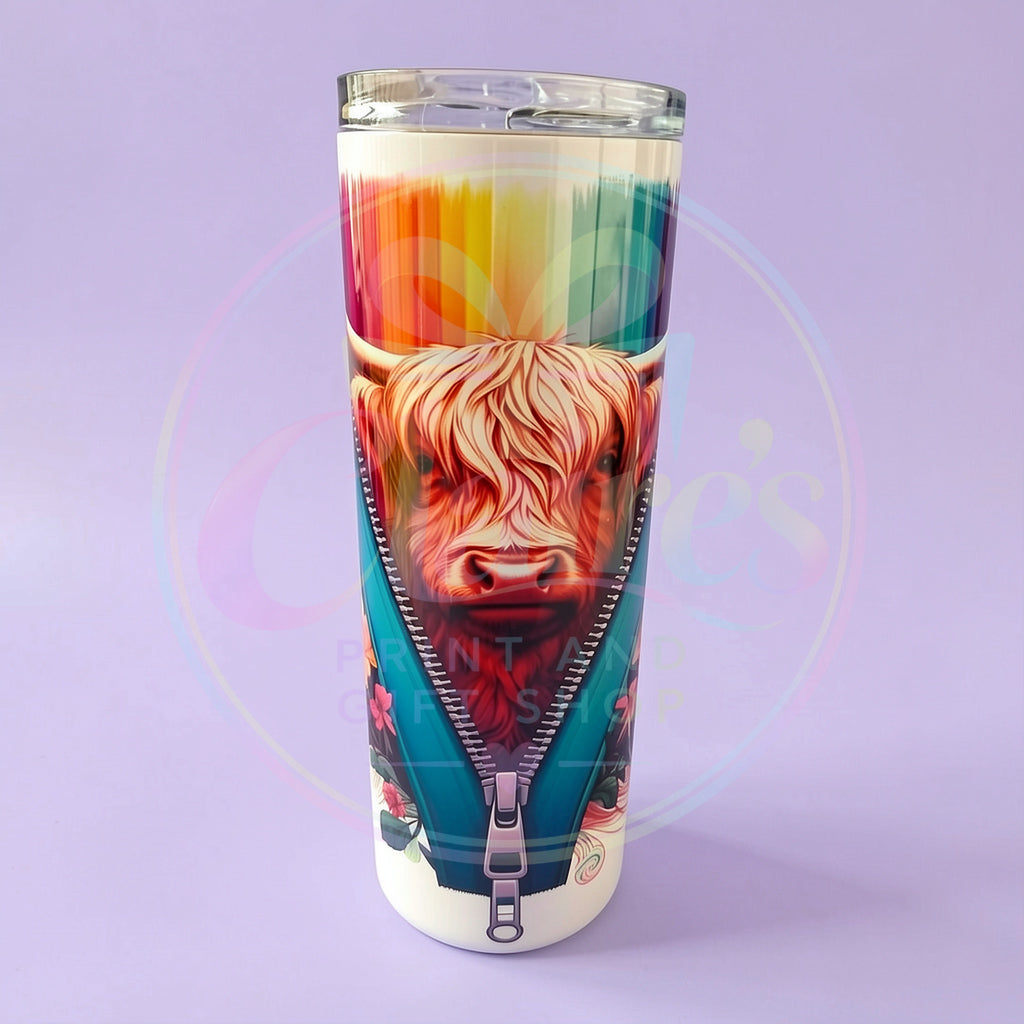 Highland Cow Skinny Tumbler – 20oz Rainbow Zip Design