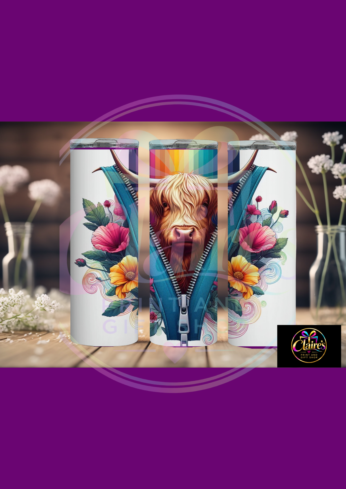 Highland Cow Skinny Tumbler – 20oz Rainbow Zip Design