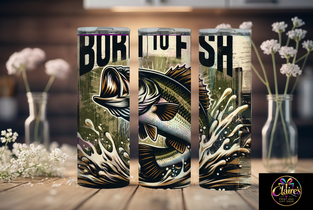 Three views of the Born to Fish skinny tumbler with fish artwork and splashing water in green, cream and black