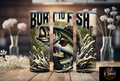 Three views of the Born to Fish skinny tumbler with fish artwork and splashing water in green, cream and black